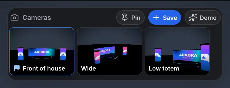 The camera picker with three saved cameras.