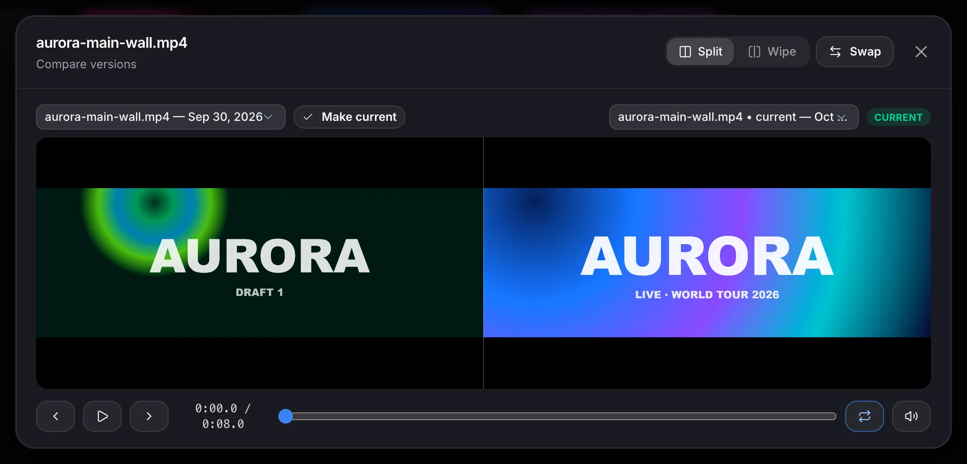 Comparing two versions of the main wall clip side by side: the draft and the current cut.