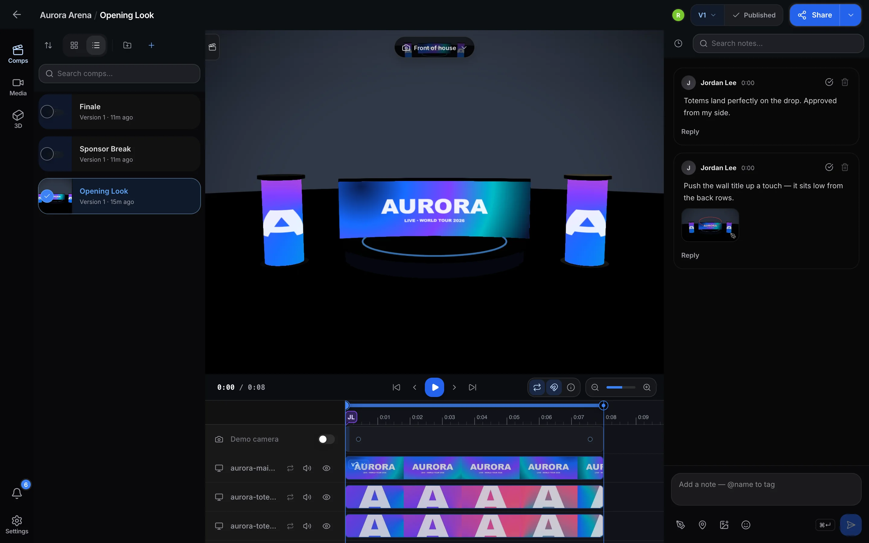 The Preshow.link editor: comps on the left, the venue in 3D, a track per screen on the timeline, and notes on the right.