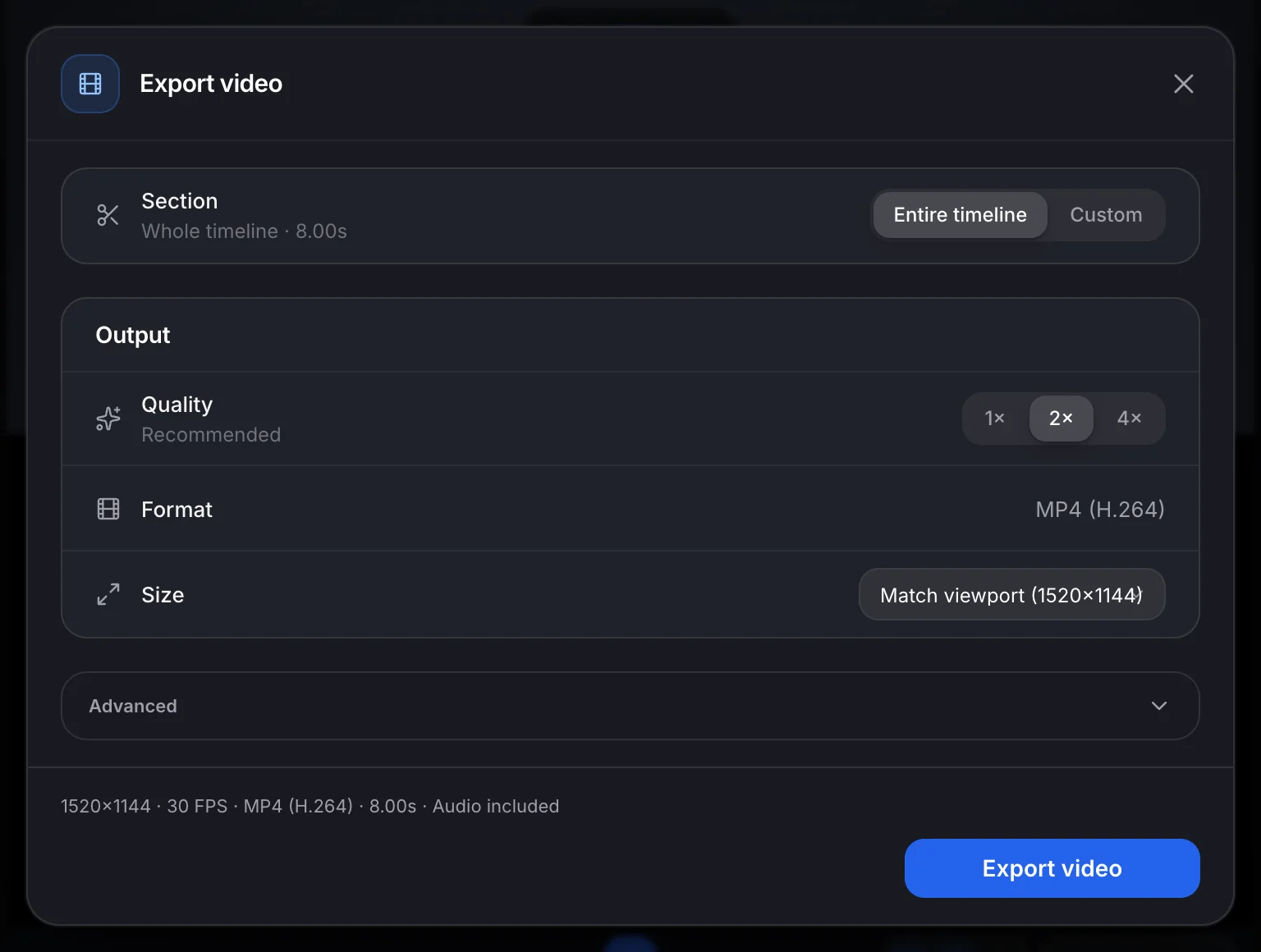 The export window: section, quality, MP4 (H.264) format and size.