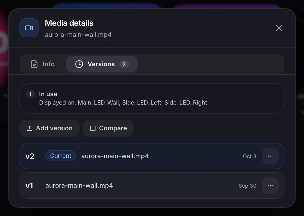 A clip’s version list with Compare.