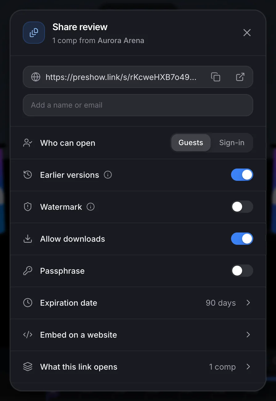 The share dialog: who can open the link, earlier versions, watermark, downloads, passphrase and expiry.