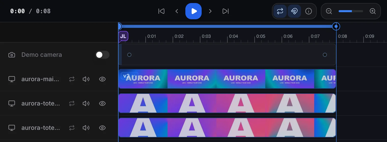 The timeline, one track per mapped screen, clips shown as filmstrips.