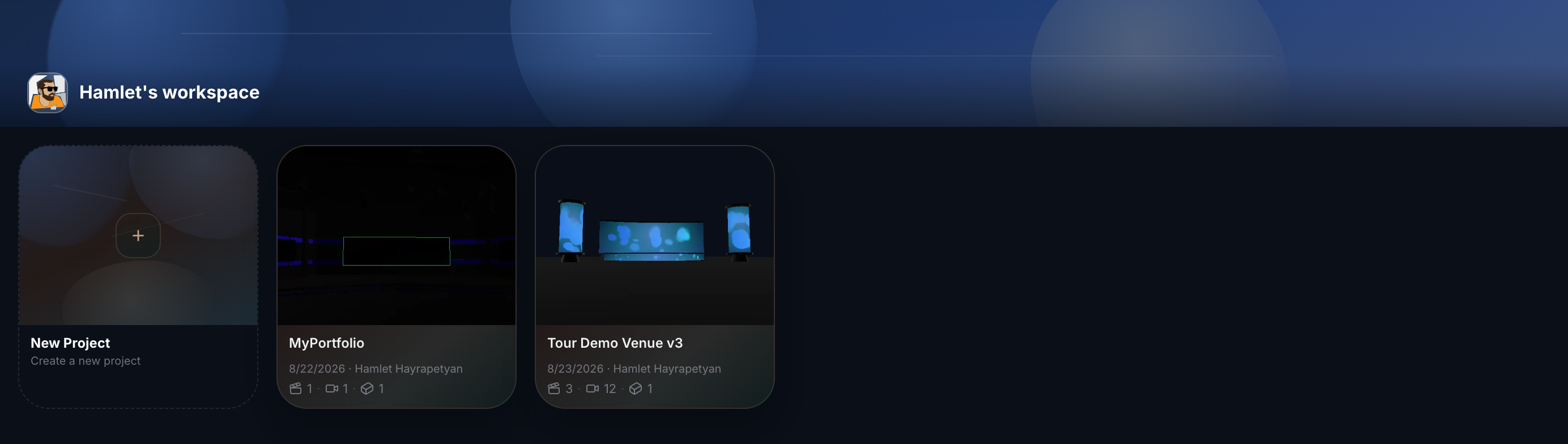 The project dashboard, with the demo venue open.