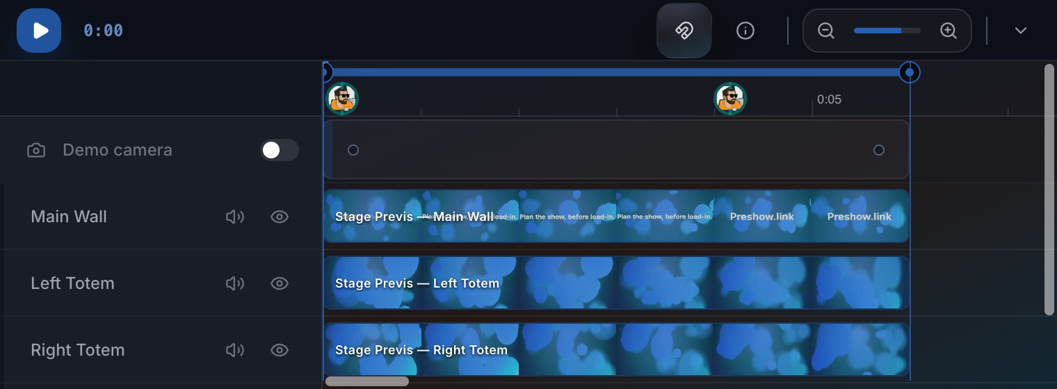 The timeline, one track per mapped surface, clips shown as filmstrips.