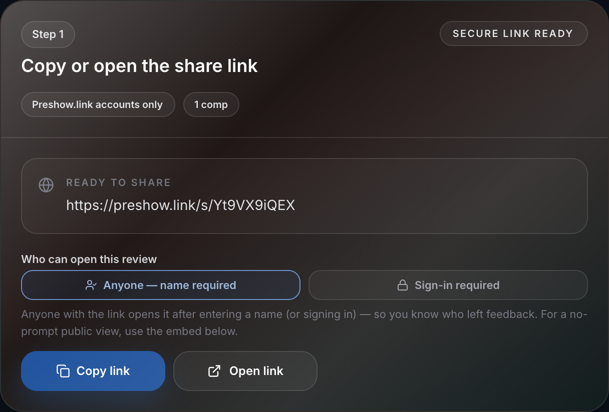 The share panel, with a review link and its access options.